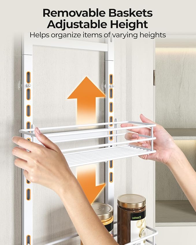 Adjustable 6-Tier Over the Door Pantry Organizer, Spice Rack, Narrow Hanging Shelf for Kitchen Storage and Organization (White)