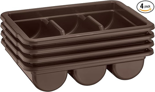 4 Pack - Commercial Cutlery Bin, 3-Compartment Restaurant Kitchen Flatware Tray, Silverware Storage Plastic Container, Condiments Holder, Utensil Organizer Box, Brown
