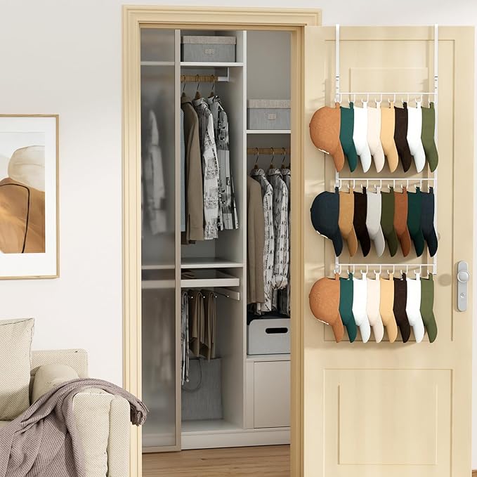 HapiRm Over Door Hat Rack - 3 Tier Wall Mounted Hat Organizer with 24 Hooks, Baseball Cap Organizer Storage Holds up to 24 Caps for Door, Bedroom, Closet