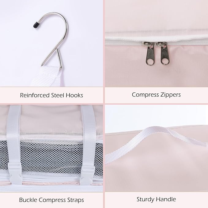Surblue Hanging Shelves Travel Storage Bag Compression Packing Cube for Suitcase Portable Closet Organizer Collapsible with Extension Layer Large Capacity,Pink,XXL