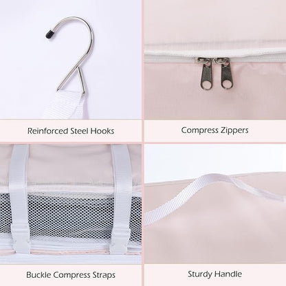 Surblue Hanging Shelves Travel Storage Bag Compression Packing Cube for Suitcase Portable Closet Organizer Collapsible with Extension Layer Large Capacity,Pink,XXL