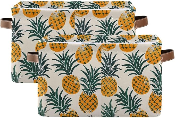 Large Storage Basket Pineapples Storage Bin Cube Canvas Fabric Organizer Handles Collapsible for Clothes Toys Bedroom Decorative