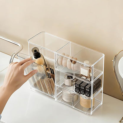 Makeup Organizer with Covered Brush Holder for Bathroom Vanity Countertop, Clear Skincare Storage with Drawers and Removable Dividers, Cosmetic Display Case for Lipsticks, Nail Polishes, Perfumes