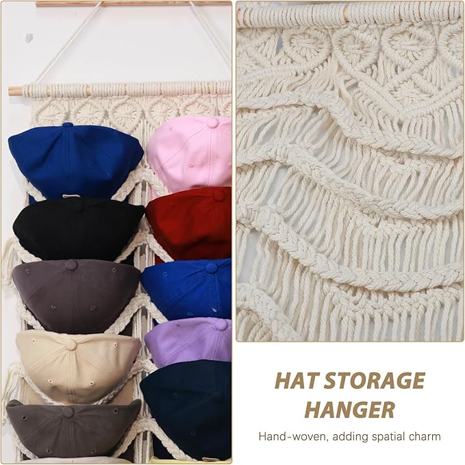 Hommtina Wall Mounted Hat Rack, Handwoven Boho Hat Organizer, Holds Up to 14 Caps, Space-Saving Storage for Bedroom, Entryway, Closet, No-Tool Installation