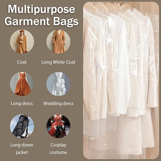 50 Pack 71 Inch Clear Plastic Garment Bag, Extra Long Dry Cleaning Bag, Dry Cleaner Hanging Clothes Cover, Hanging Clothes Storage for Long Dresses, Home Storage, Travel, Moving - Dust-proof