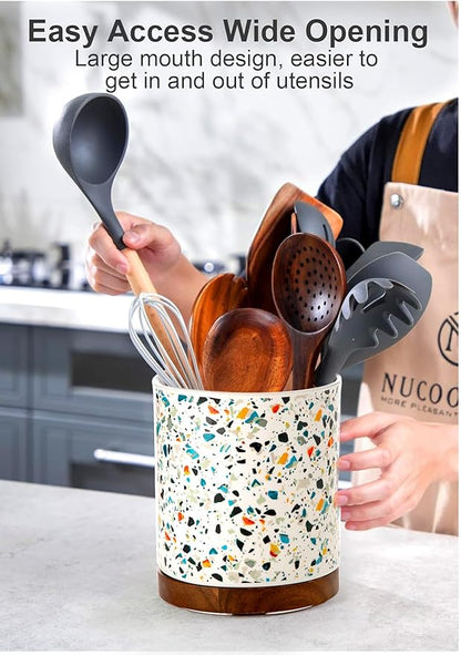 Nucookery 360°Rotating Utensil Holder, 7.2" Large Utensil Crock, White Ceramic Cooking Utensil Organizer,Farmhouse Kitchen Decor Christmas Thanksgiving Gift (Marble Pattern)