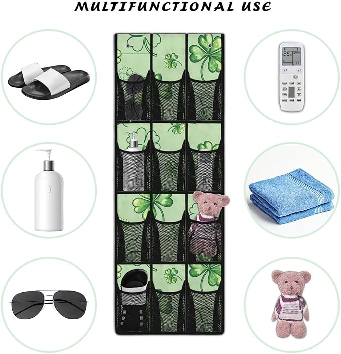 12-Pocket Storage Hanging Bag Behind the Door, Over the Door Organizer with Mesh Pockets for Shoes Essentials, Space Saving Door Organizer for Bedroom Dorm Closet, Green Lucky Leaf