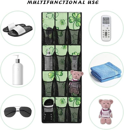 12-Pocket Storage Hanging Bag Behind the Door, Over the Door Organizer with Mesh Pockets for Shoes Essentials, Space Saving Door Organizer for Bedroom Dorm Closet, Green Lucky Leaf