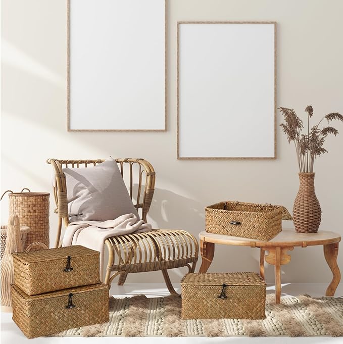 Woanger Set of 4 Wicker Baskets with Lids, Nautral Seagrass Storage Baskets, Woven Rectangular Basket Bins, Rattan Storage Organizer for Shelf Closet Bedroom(Orange)