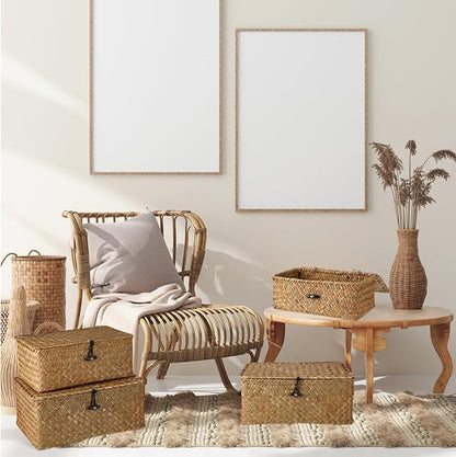 Woanger Set of 4 Wicker Baskets with Lids, Nautral Seagrass Storage Baskets, Woven Rectangular Basket Bins, Rattan Storage Organizer for Shelf Closet Bedroom(Orange)