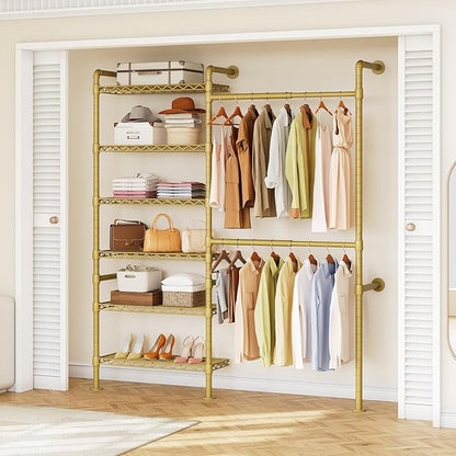 ONBRILL H2 Wall Mounted Clothing Rack, Expandable Industrial Pipe Clothes Rack Garment Racks for Hanging Clothes, Heavy Duty Closet Organizers and Storage in Closet System, Gold