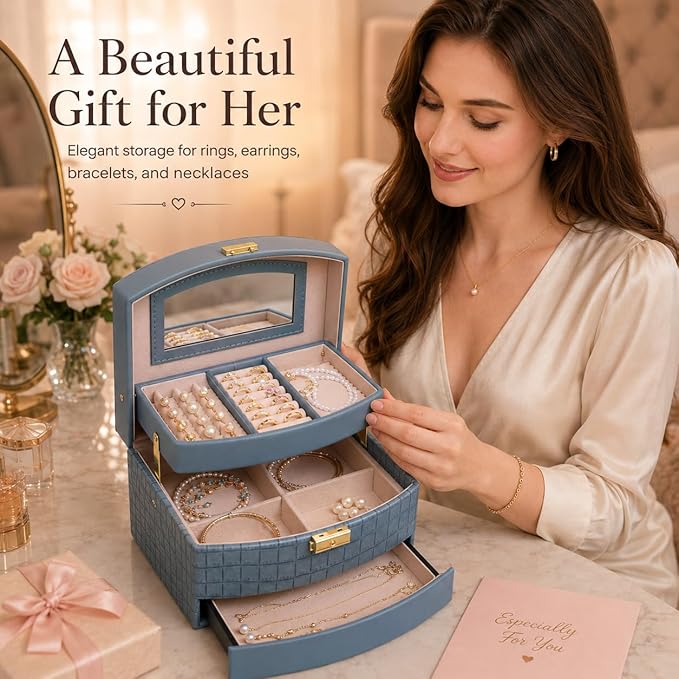 Elegant 3 Layer Lockable Jewelry Box for Women – Mirrored Jewelry Organizer with Key & Drawer, Travel Friendly PU Leather Storage Case,Gift for Wife, Mom, Daughter(Blue)