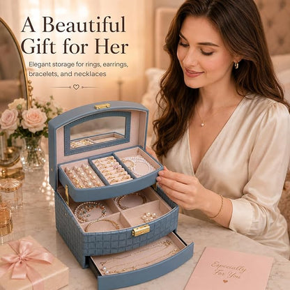 Elegant 3 Layer Lockable Jewelry Box for Women – Mirrored Jewelry Organizer with Key & Drawer, Travel Friendly PU Leather Storage Case,Gift for Wife, Mom, Daughter(Blue)