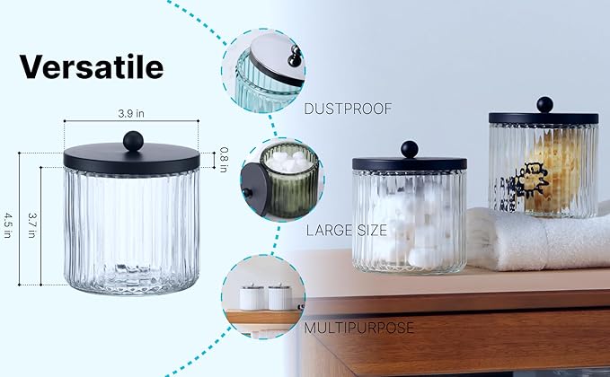 KMwares 2-Pack Glass Qtip Holder Dispenser Set - Bathroom Canister Storage Organizer for Cotton Balls, Swabs, Floss Picks, and Makeup Sponges with Matte Black Metal Lid - Clear Vanity Apothecary Jars