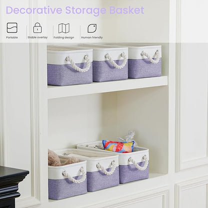 Storage Baskets for Shelves 11.8x7.9x5.2 Inch, Foldable Fabric Storage Bins with Handles, Small Storage Baskets for Organizing Closet, Office, Home Organization (1-Pack, White&Purple)