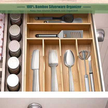 guiogc Bamboo Kitchen Drawer Organizer, 11.6" W x 17" H Silverware Utensil Tray Holder, Wood Cutlery Tray for Silverware, Flatware, Bedroom, Organization of office supplies