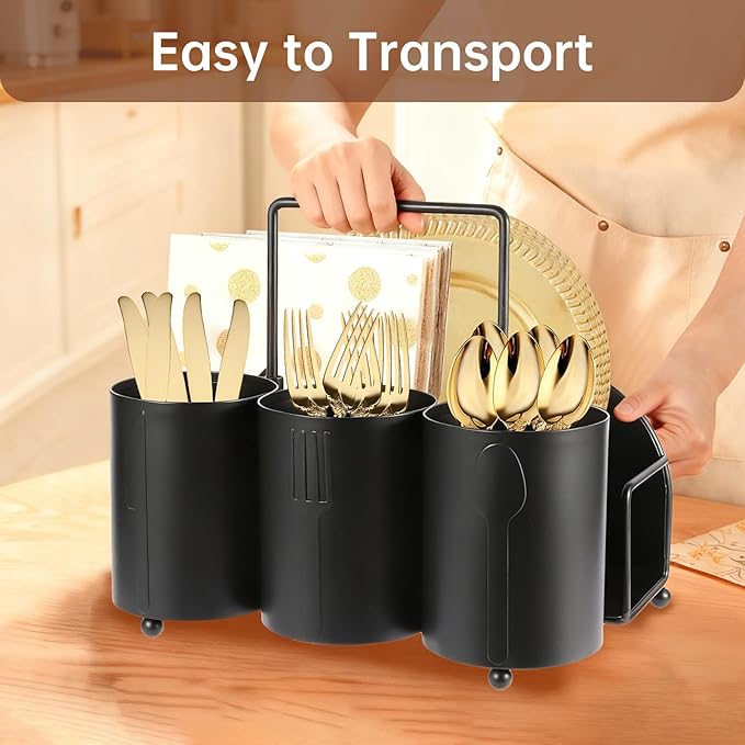 NelyBet Utensil Caddy Silverware Holder Fork Spoon Napkin Paper Plate Organizer Metal Utensil Holder Cutlery Flatware Organizers for Party Kitchen Countertop Camping Picnic - Black