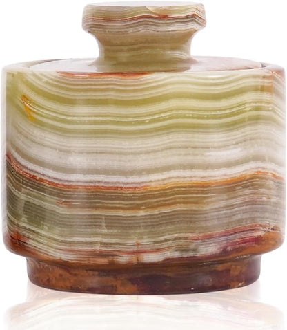 MARBLOUS KRAFTS Marble Salt Cellar with Lid 3" Inch Green Onyx Stone Salt Holder for Counter & Stone Salt Container, Salt Dish, Salt Box & Spice Jar, Ideal Mother’s Day Gift, Home Decor