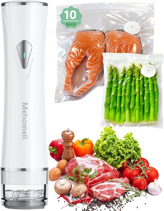 Mehomeli Compact Vacuum Sealer for Food (Vacuum Sealer Machine + 10 Reusable Vacuum Bags), Powerful Handheld Vacuum Sealer Machine, Seal Food 6X Fresh Longer, Portable & Wireless, Easy-Clean