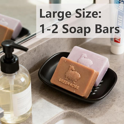 Soap Dish Soap Holder Shower, Ceramic Soap Dishes for Large Bar Soap Sponge, Shower Soap Dish Soap Saver Tray for Bathroom Kitchen Sink, Elegant Raised Leaf Design, Easy Dishwasher Cleaning, Black
