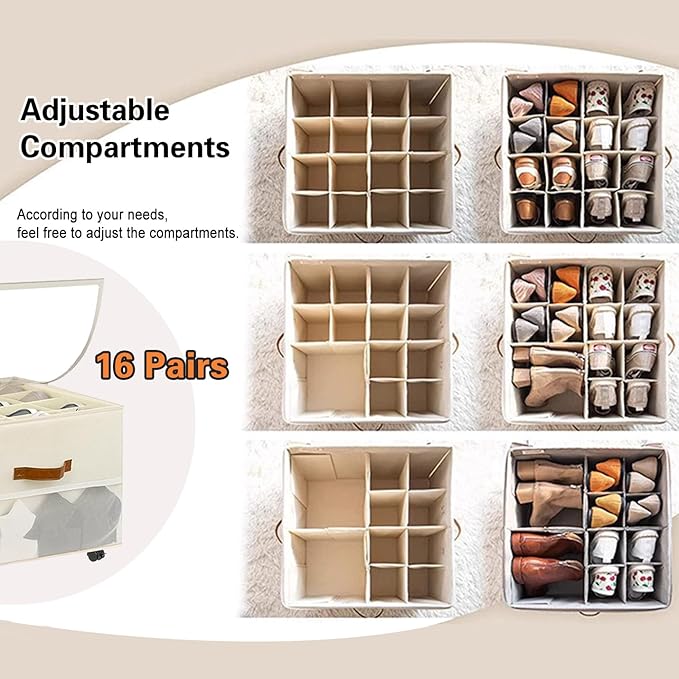 Shoe Storage Organizer for Closet,Shoe Organizer for Closet with Detachable Wheels and Adjustable Dividers,Foldable Large Shoe Box Storage Fits 16 Pairs Extra with Cover and Storage Pocket