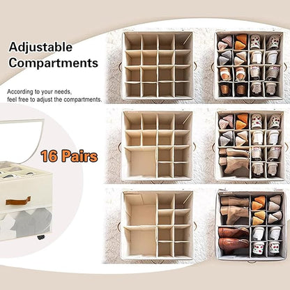 Shoe Storage Organizer for Closet,Shoe Organizer for Closet with Detachable Wheels and Adjustable Dividers,Foldable Large Shoe Box Storage Fits 16 Pairs Extra with Cover and Storage Pocket