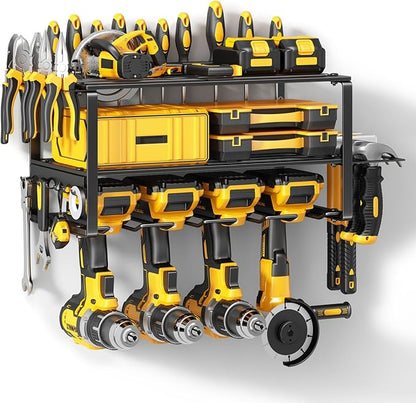 Hipidian Power Tool Organizer Wall Mount - Storage Rack with 4 Drill Holders for Drills Cordless Tools. Heavy Duty Iron Garage Tool Organizer Storage for Workshop Shed (4 Slots 3 Layers)
