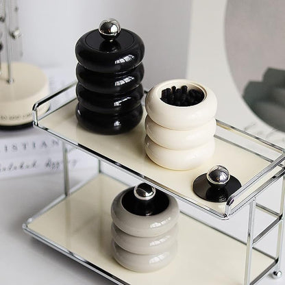 Tissting Qtip Holder Dispenser 7.8 x 12.5cm Black Resin Doughnut Shape Cotton Swab Storage Container with Lid, Qtip Dispenser Jars for Bathroom Vanity