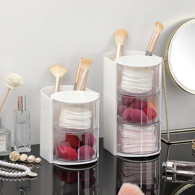 Hair Accessories Organizer with Hair Brush Holder Rotating Makeup Storage Container Plastic Desktop Storage Organizer for Hair Clip Tie, 2-Layer White
