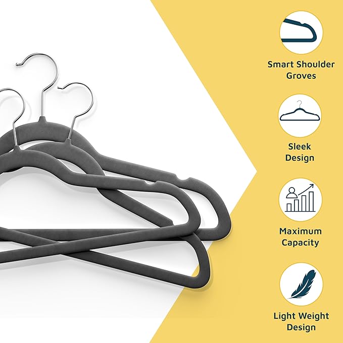 Lifemaster Velvet Clothes Hangers – with 360 Degree Swivel Hook and Non-Slip Shoulder Notch, Holds Up to 10 lbs, Heavy Duty Hanger Set, for Organizing Suit, Dress, Coat, and Clothes, Pack of 5, Gray