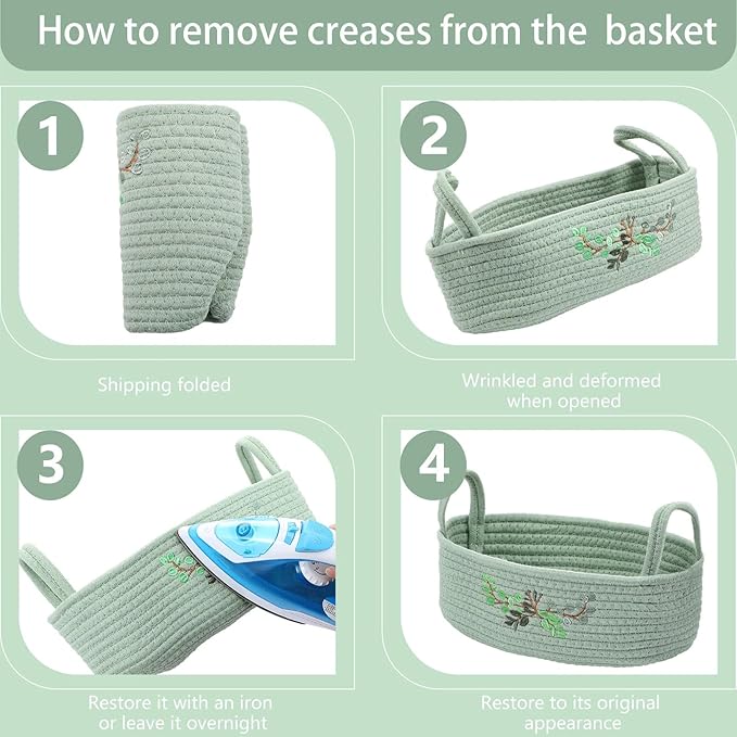 Vesici Eucalyptus Embroidered Cotton Rope Toilet Paper Basket, Boho Bathroom Counter Organizer with Handles, Green Storage Caddy for Toiletries Bedroom Organizing, 13 x 6 x 4 Inch