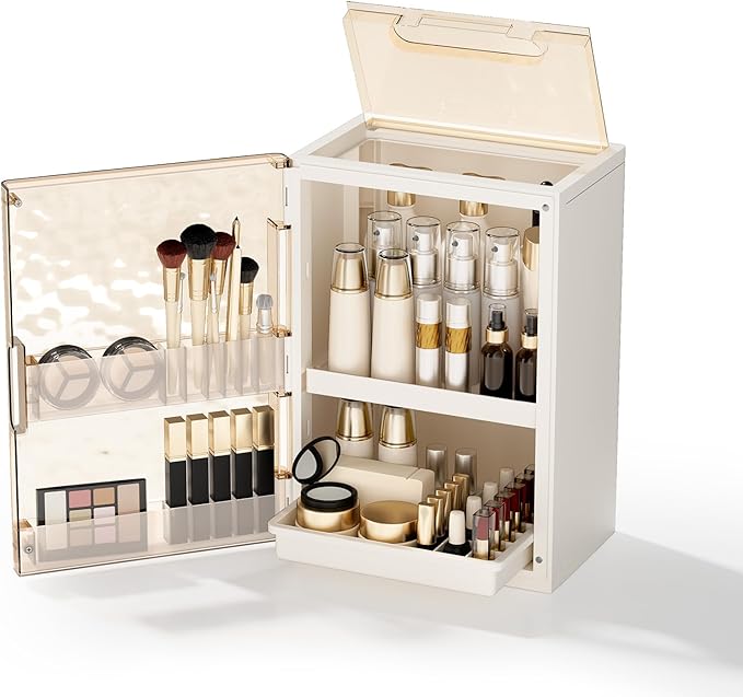 Makeup Organizer with Drawers,Skincare Organizer for Vanity,Large Cosmetic Display Case with Handle,Storage Organizers with Cover and Makeup Brush Holder for Dresser, Bathroom Countertop