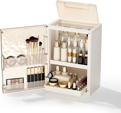 Makeup Organizer with Drawers,Skincare Organizer for Vanity,Large Cosmetic Display Case with Handle,Storage Organizers with Cover and Makeup Brush Holder for Dresser, Bathroom Countertop