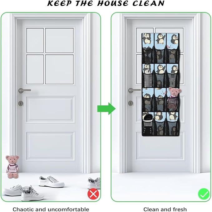 12-Section Over The Door Storage Bag Organizer, Made of Heavy Duty Oxford Cloth, Waterproof Lightweight and Perfect for Home Office or Dorm Use, Cartoon Penguin