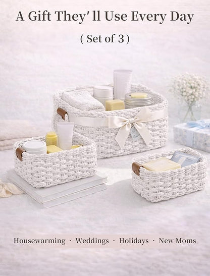 Storage Basket, Recycled Paper Rope Bathroom Basket Organizer, 3Pcs Small Baskets for Organizing, Mini wicker Basket for Decorative Storage Bins, Shelves, Bathroom, Cabinet - White