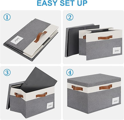 Extra Large Storage Bins with Lids, Foldable Fabric Storage Baskets with Lids, Sturdy Storage Boxes with Labels and 3 PU Handles for Closet Home Bedroom Office (32L, 3 Packs, Grey&White)