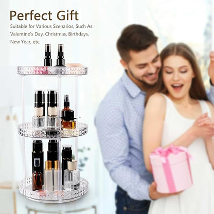 360 Clear Rotating Makeup Organize for Vanity,3 Tiers Lazy Susan with Diamond Pattern, Large-Capacity Skincare Organizers Cosmetic Display Case Organizer for Dresser (Clear White, 3Tiers)
