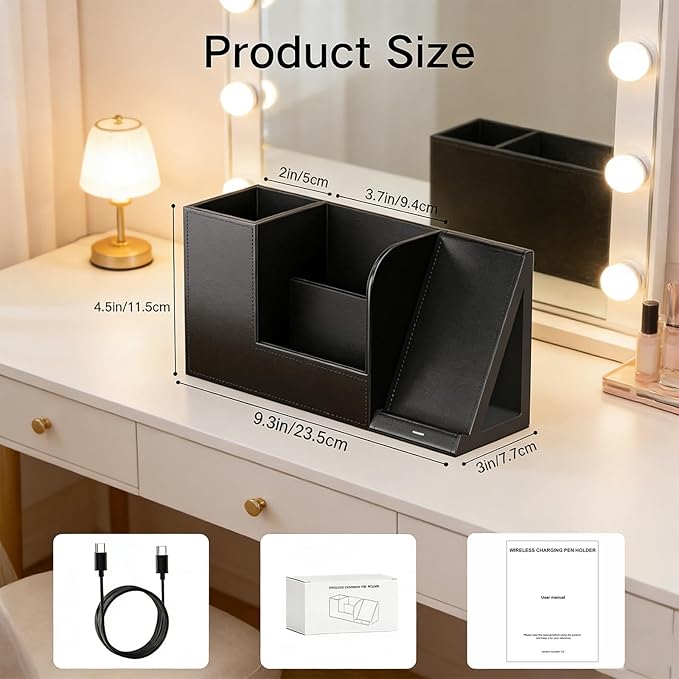 LADSTAG Makeup Brush Holder Organizer, Leather Makeup Brush Cup with Phone Charging Stand for Cosmetics, Nail Polish, Lipstick & Art Supplies Vanity Desktop Bathroom Organizer