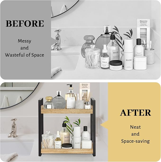 2 Tier Bathroom Organizers and Storage, Farmhouse Countertop Organizer for Bathroom Storage, Makeup Organizer for Decor, Wood Shelf for Perfume Skincare Kitchen Coffee Bar, Vanity Accessories (Brown)