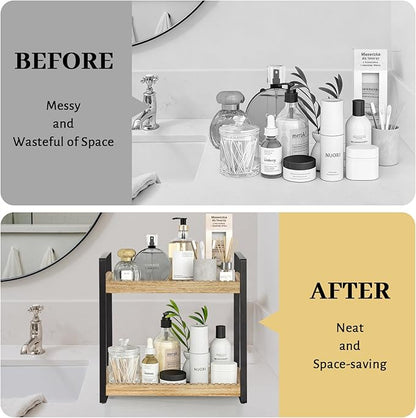 2 Tier Bathroom Organizers and Storage, Farmhouse Countertop Organizer for Bathroom Storage, Makeup Organizer for Decor, Wood Shelf for Perfume Skincare Kitchen Coffee Bar, Vanity Accessories (Brown)
