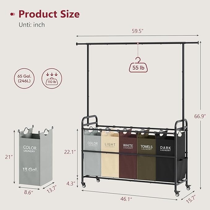 Tajsoon Laundry Sorter Cart with Hanging Rack, 5 Section Laundry Hamper, 246L (65 Gal.) Laundry Basket with Wheels, Removable Hamper Organizer for Dirty Clothes Bathroom Cloakroom, 5 Colors