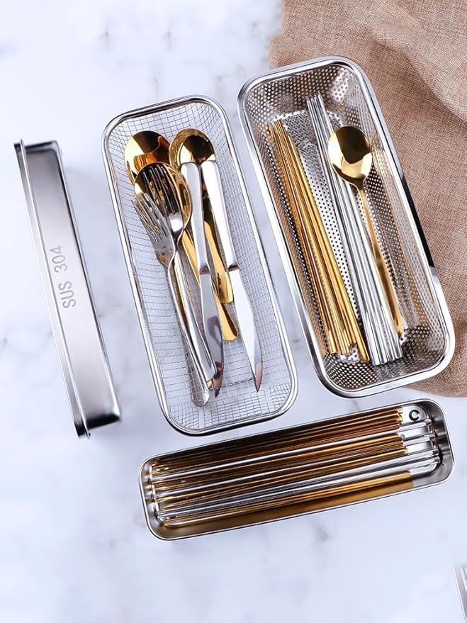 Flatware Tray with Lid,Stainless Steel Cutlery Tray Holder,Chopsticks Storage Boxes Kitchen Draining Chopstick Spoon Fork Storage Box with Lid Drainer(silver)