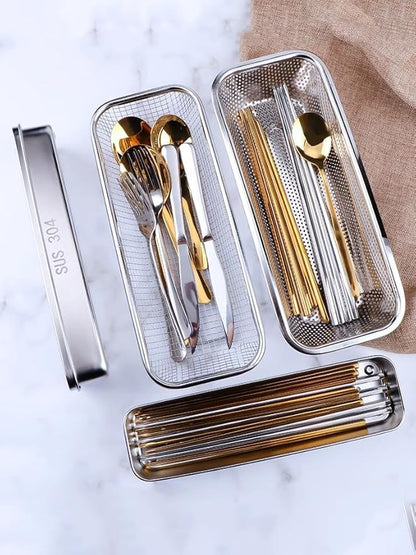 Flatware Tray with Lid,Stainless Steel Cutlery Tray Holder,Chopsticks Storage Boxes Kitchen Draining Chopstick Spoon Fork Storage Box with Lid Drainer(silver)