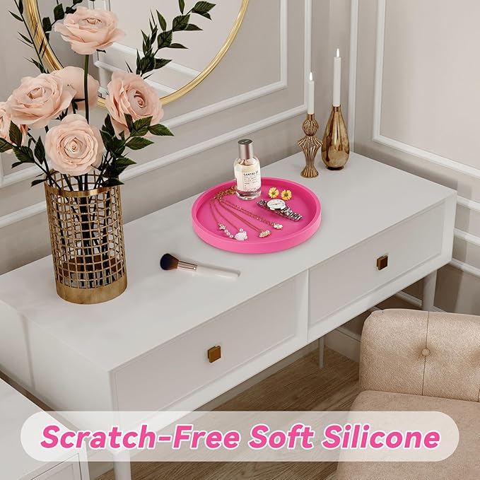 NiHome Thickened Silicone Vanity Organizer Tray for Bathroom Accessories, Kitchen Countertop, Living Room Decor, Multipurpose Shatter-Resistant Round Tray Decor for Candle Perfume Soap Plant(Hot Pink)