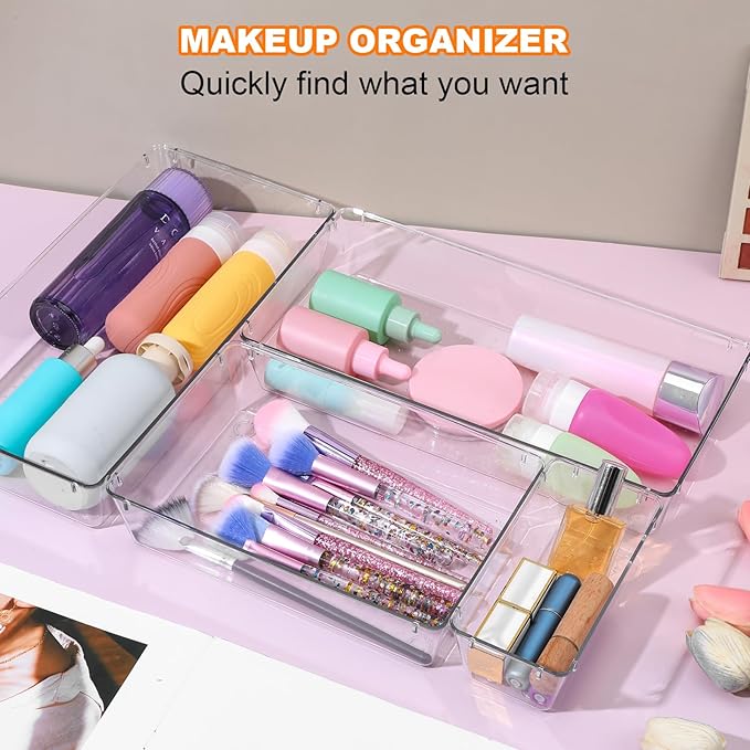 12 Pcs Clear Plastic Drawer Storage Organizer, 12"x 6"x2", 9"x6"x2", 6"x3"x2", Kitchen Bathroom Fridge Utensil Vanity Drawer Organizers Makeup Storage Organizer Drawers Trays for Organization Office