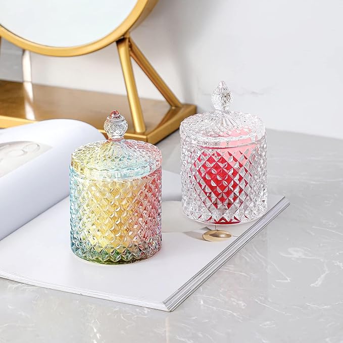 rejomiik Qtip Holder Glass Apothecary Jars with Lid Bathroom Accessories Vanity Organizers and Makeup Storage for Cotton Swabs, Makeup Sponges, Bath Salts, Canister Dispenser, 2 Pack Rainbow