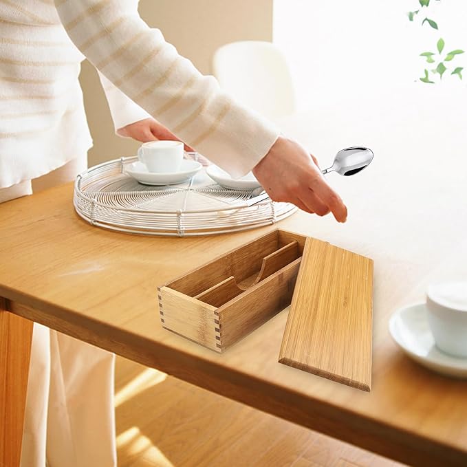 Chopsticks Storage Box with Lid - Bamboo Silverware Storage Utensil Drawer Organizer - Japanese Chopsticks Boxes with Lid - Cutlery Box Utensil Holder Container for Home Kitchen