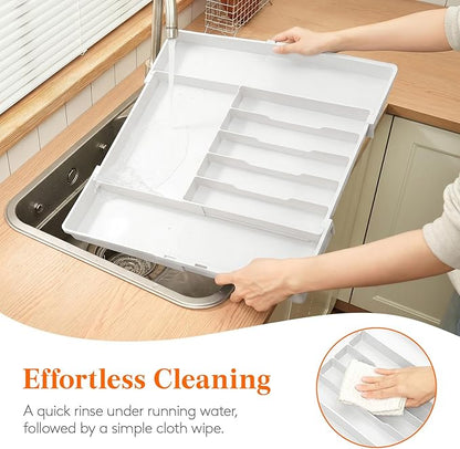 Lifewit Silverware Drawer Organizer, Expandable Utensil Tray for Kitchen, BPA Free Flatware and Cutlery Holder, Adjustable Plastic Storage for Spoons Forks Knives, 5-8 Slots, White