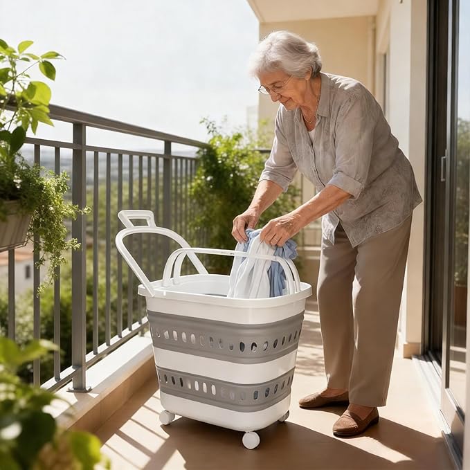 50L Collapsible Plastic Laundry Basket Hamper with Wheels, Foldable Laundry Basket with Handles, Pop Up Storage Container Organizer for Washing Storage