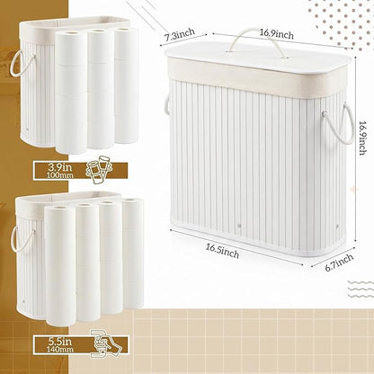 Leinuosen Bamboo Toilet Paper Storage Basket 8 Gallons/30 L Toilet Paper Organizer Holder with Lid Waterproof for Kitchen Bathroom Home(White,Regular)